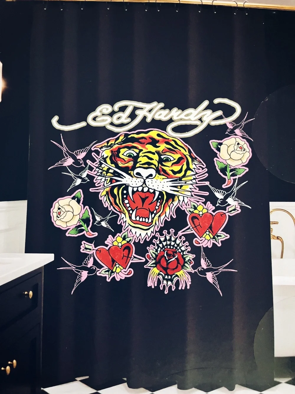 Ed Hardy Black Shower Curtain with Neon Tiger & Pink Accents